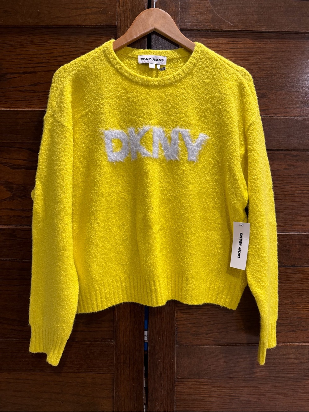 NWT DKNY Jeans large lemon Yellow knit Logo Crewneck Sweater fuzzy cozy sparkle